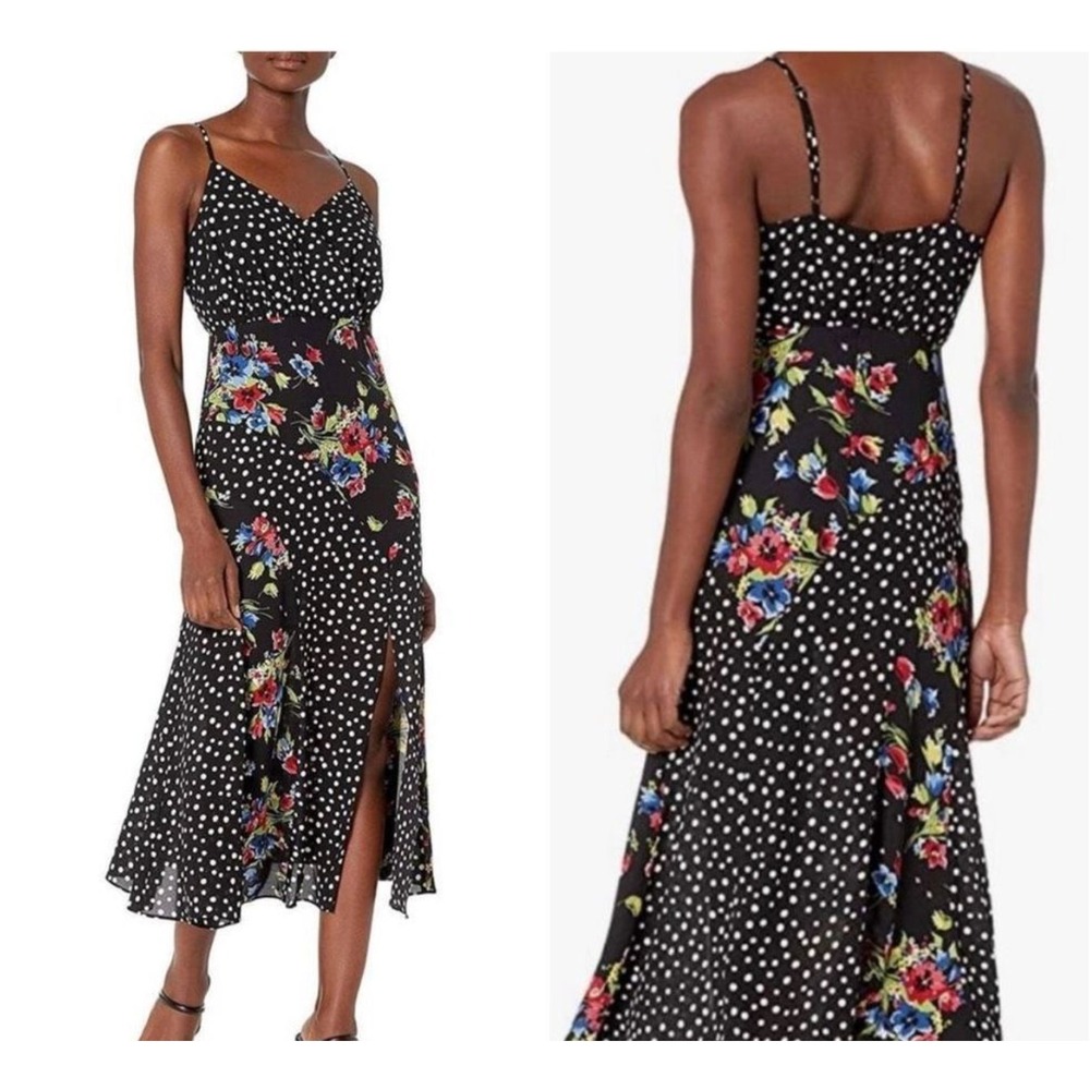 Likely Women Black Floral Polka Dot Mixed Print Midi Dress Front Slit Size 10